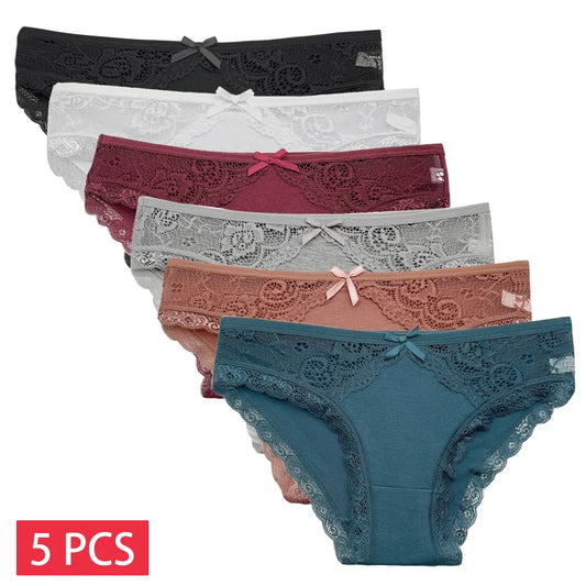 Lot de 5 culottes sexy en dentelle taille basse en Coton